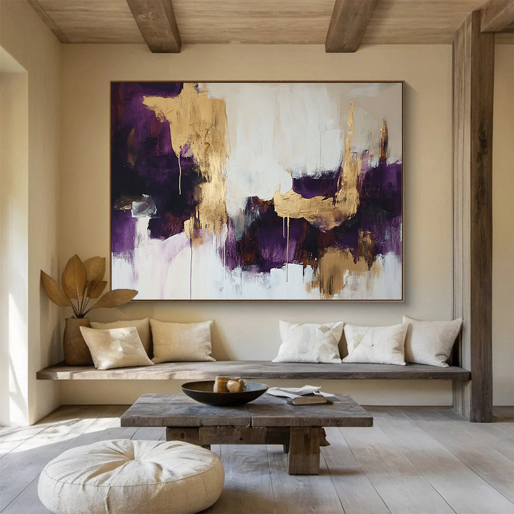 Large abstract painting in white and purple with gold hints soft edges dark tones creating an atmospheric vibe.SC212