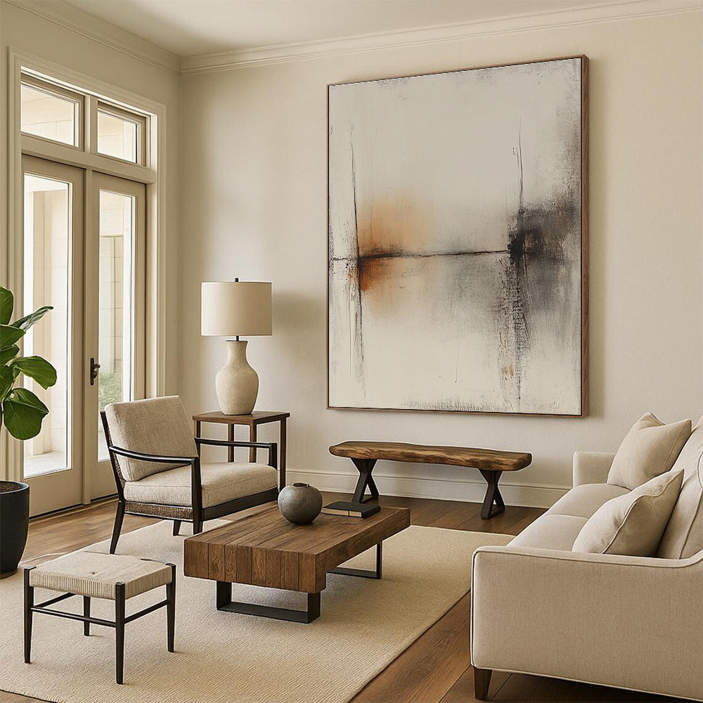 Large abstract painting featuring a white background with brown lines and a subtle tonal range in gray and amber hues.STSC736