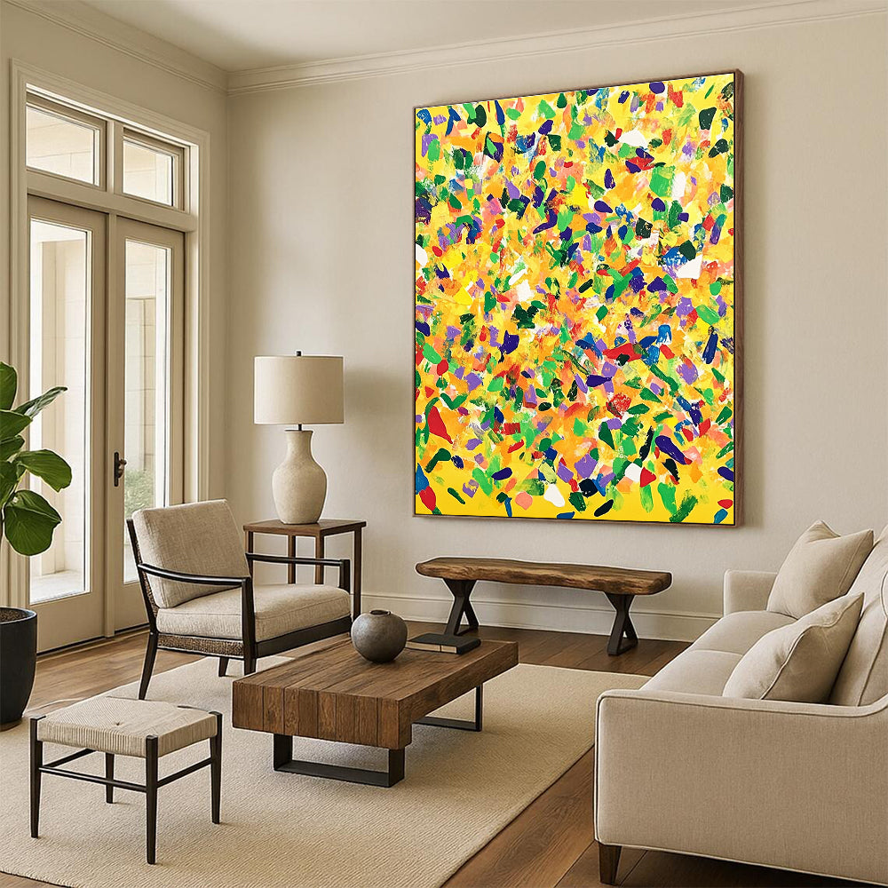 Large abstract painting with a yellow background and colorful confetti in joyful patterns, oil on canvas from the My Caverns series.STSC1269