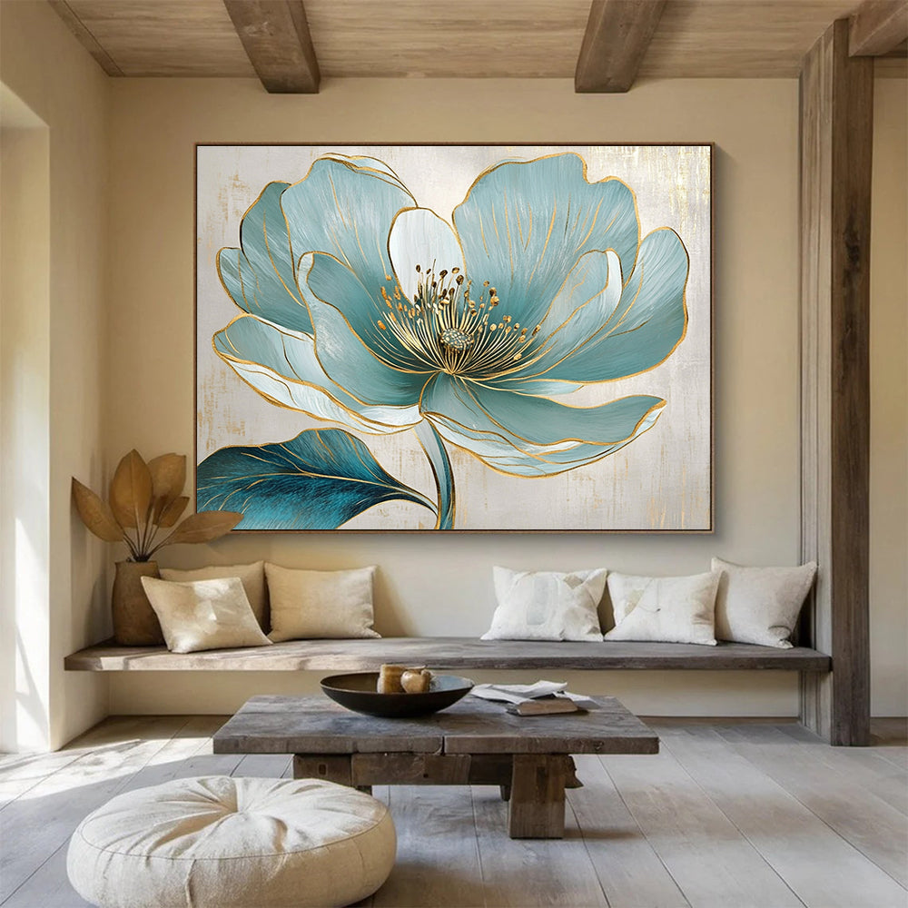 A large abstract painting featuring a turquoise flower with golden lines and exquisite realism on a beige background with elegant gray accents.SC423