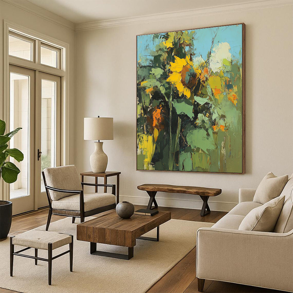 Large abstract painting of sunflowers featuring blurry details and rough brushstrokes in a colorful high resolution format.STSC335