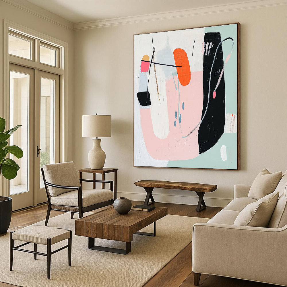 Abstract painting with bold geometric shapes in pastel pink white sage green orange and blue on a white background in mid-century modern style.STSC614