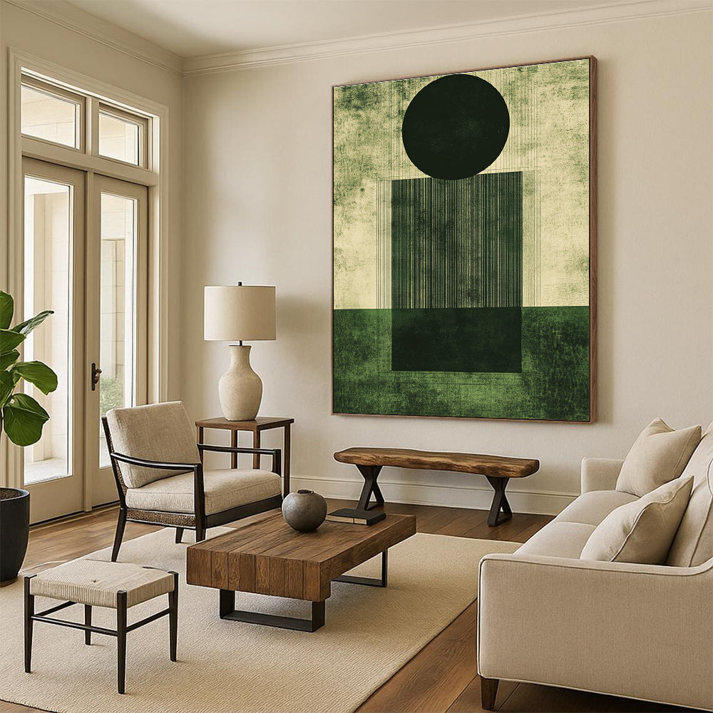 Abstract artwork featuring geometric shapes in deep emerald green and dark gray with a grainy texture and minimalistic design elements.STSC1006