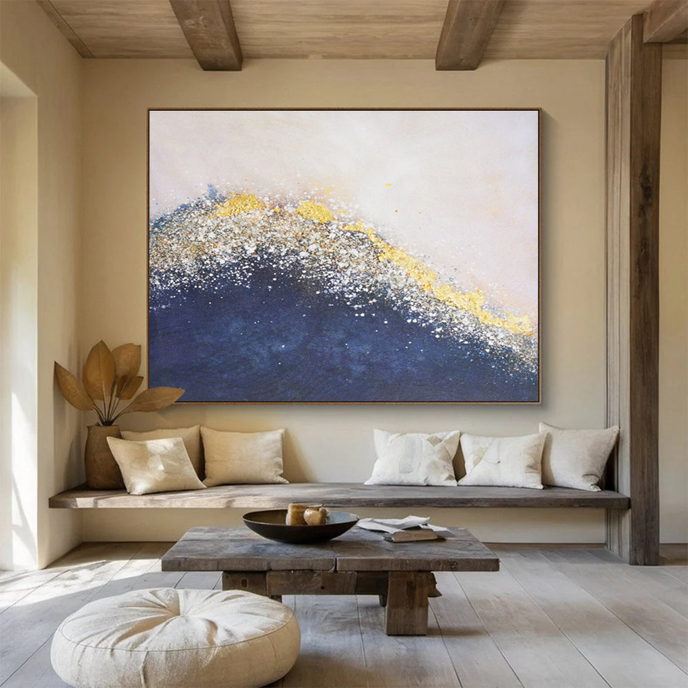 Glittering Wave Abstract Painting with Gold and Navy Hues THY270