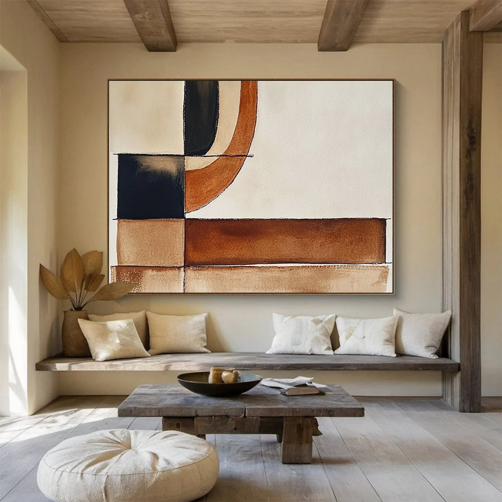 Large abstract watercolor painting featuring brown black and white shapes with minimalist earthy tones for a boho-inspired artistic touch.SC394