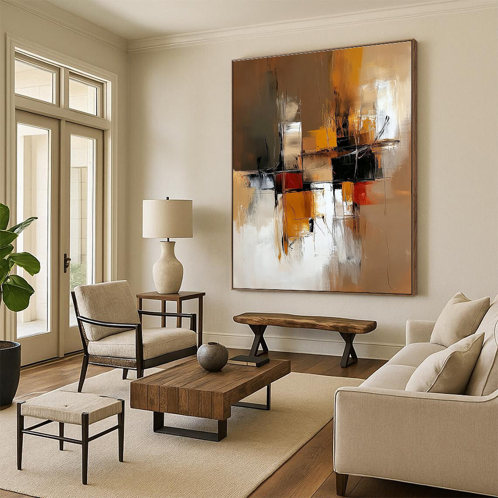 Abstract painting of an industrial space featuring warm brown and yellow tones with low contrast and clean brush strokes for a modern aesthetic.STSC648