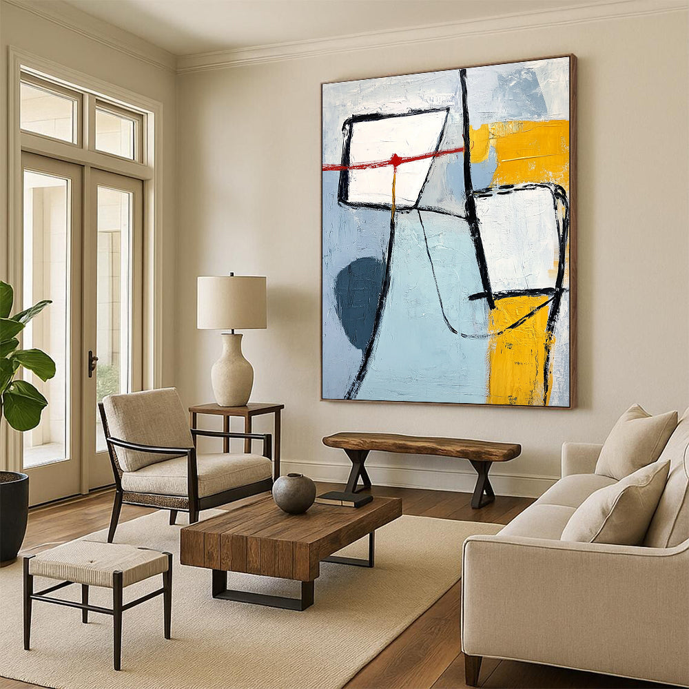A large abstract painting with light blue gray and yellow shapes thick black lines and a prominent white square in the top-left corner.STSC613