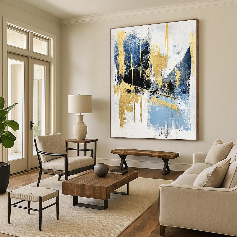 Blue Gold and Black Abstract Painting with Modern Elegance GER523