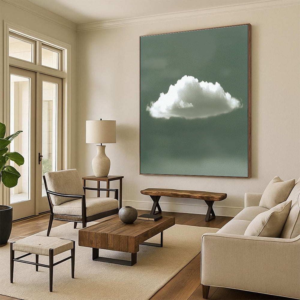 Abstract digital artwork of a single white cloud against a calming green background, embodying tranquility with its minimalist style and serene form.STSC1196