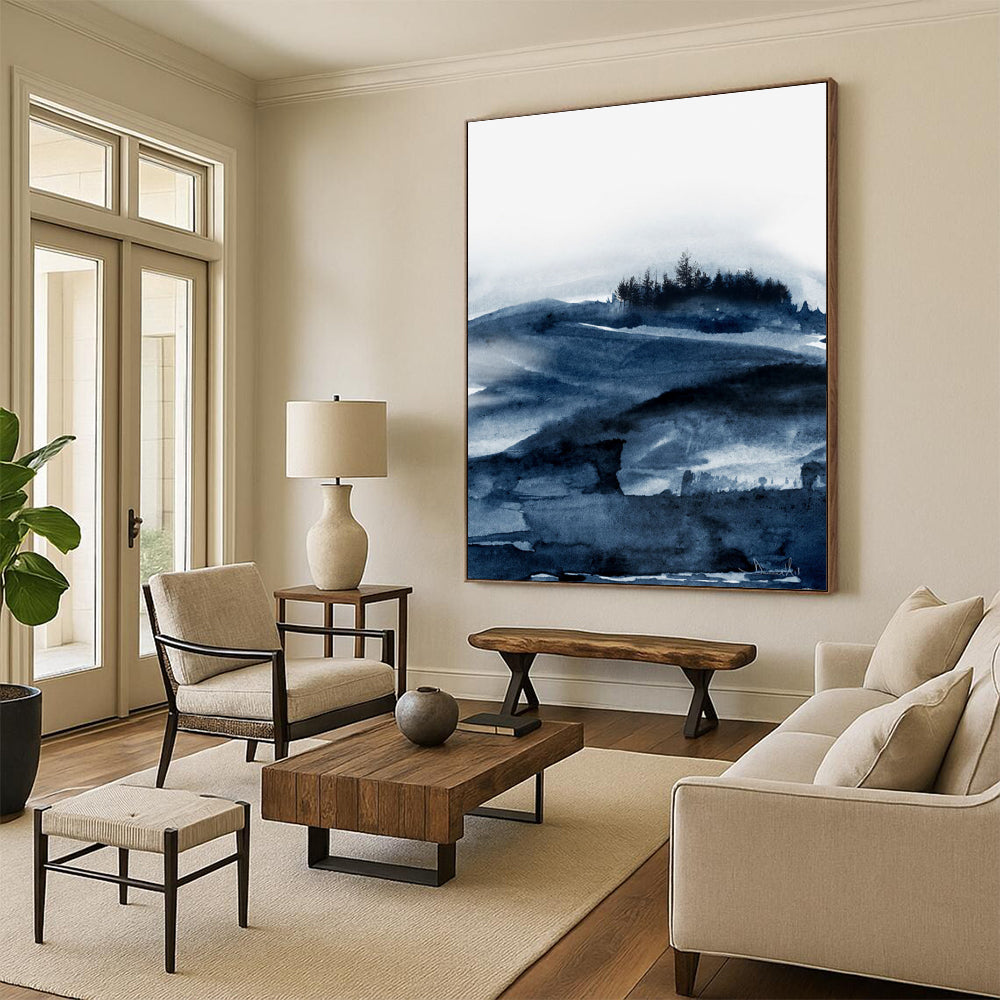 Blue Ink Mountain Landscape Abstract Painting ADGE230