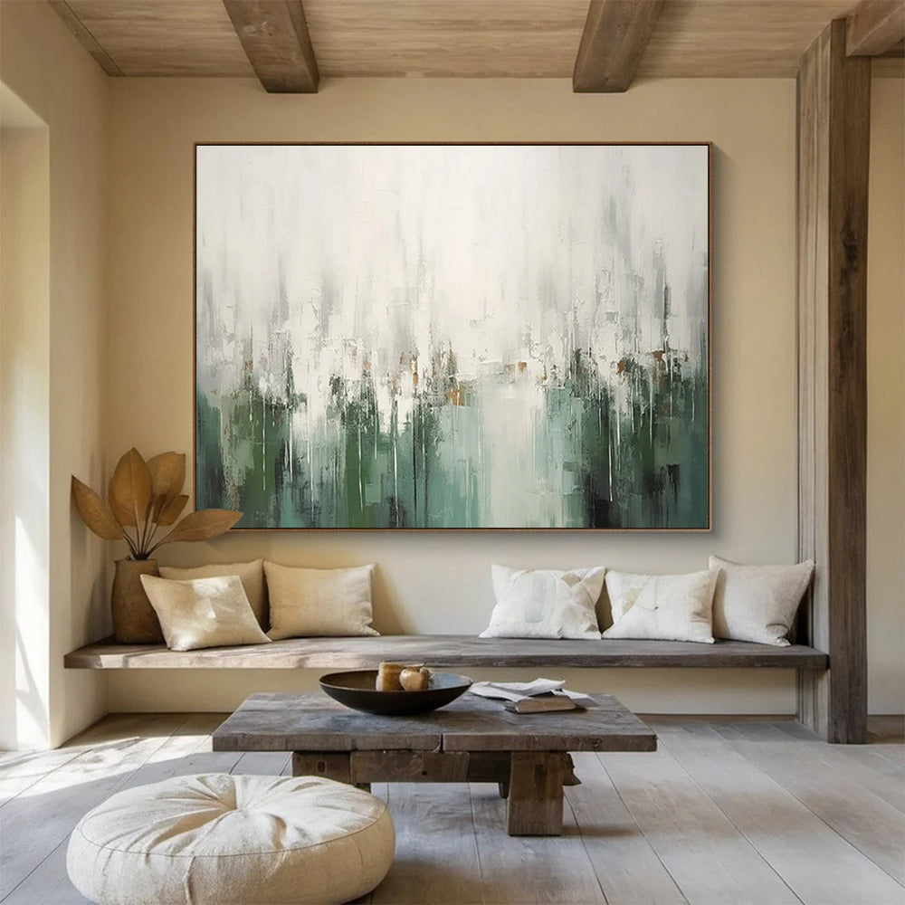 Green Gray Abstract Painting with Ethereal Drip Effects THY324