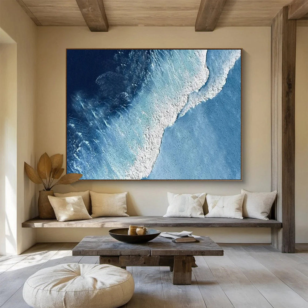 Aerial Ocean Wave Abstract Painting with Deep Blue and White THY258