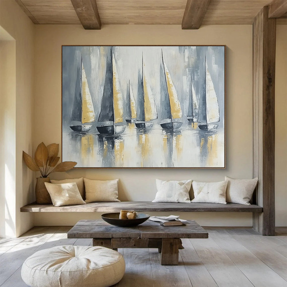 Large abstract painting featuring sailing boats with gray and gold sails on calm waters under soft lighting and a neutral background.SC610