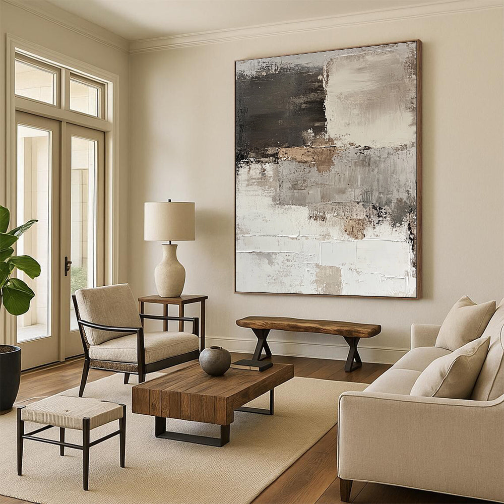 Large abstract painting of a peeling white wall in brown and gray tones showcasing thick brush strokes for a minimalist aesthetic.STSC268