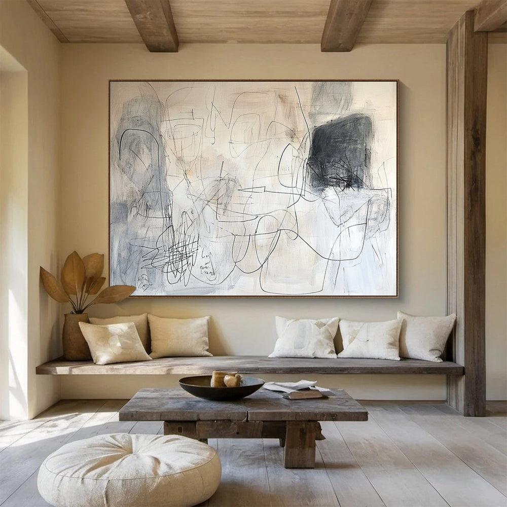 An abstract painting in white and gray tones, featuring dynamic lines and layered text, conveys a sense of movement and depth.SC390