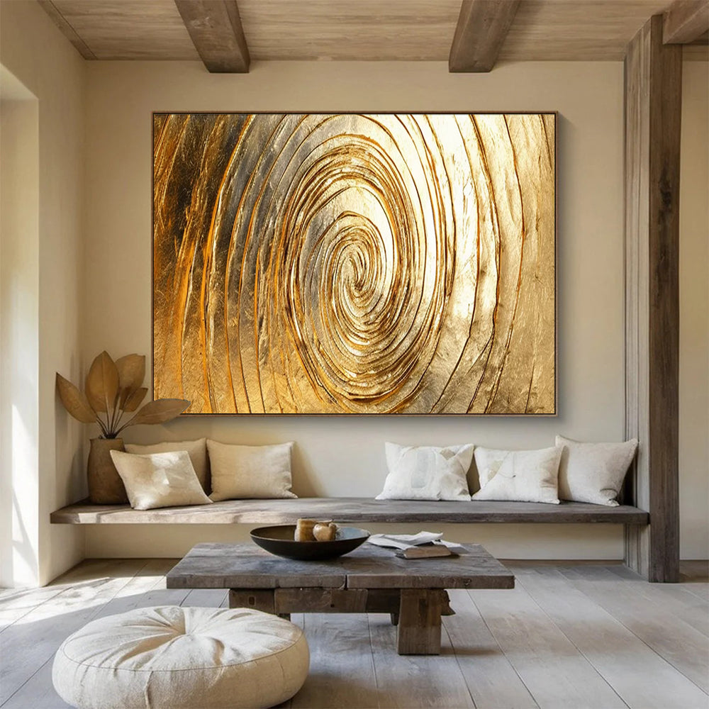 Golden Spiral Abstract Painting with Metallic Gold Tones THY167