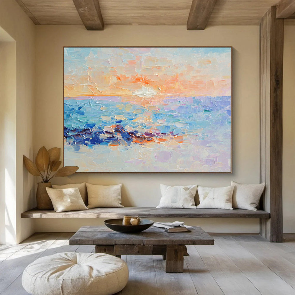 Large abstract oil painting capturing an ocean sunset with pastel colors reflecting light blue and purple hues beneath the water's surface.SC107