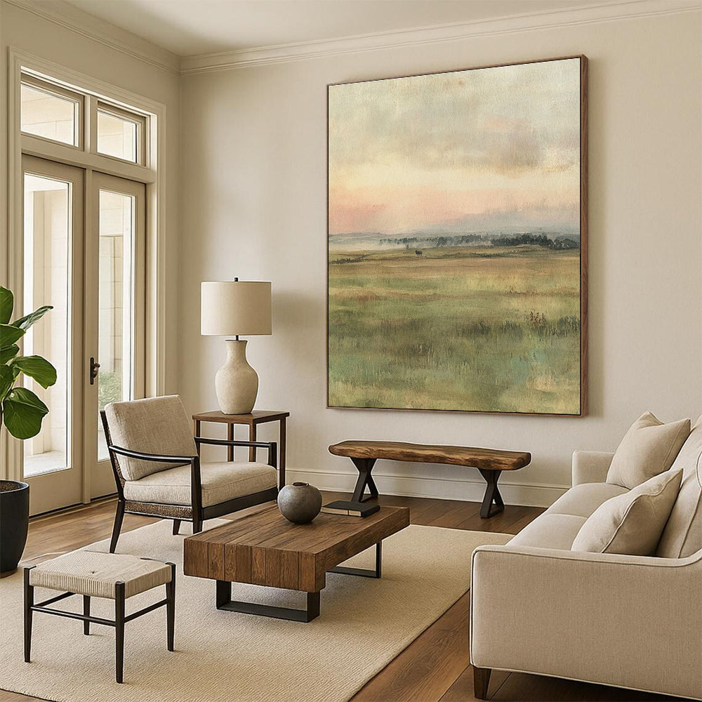 A large abstract painting featuring muted colors of an open field with gentle brushstrokes and two hares in the foreground.STSC1229