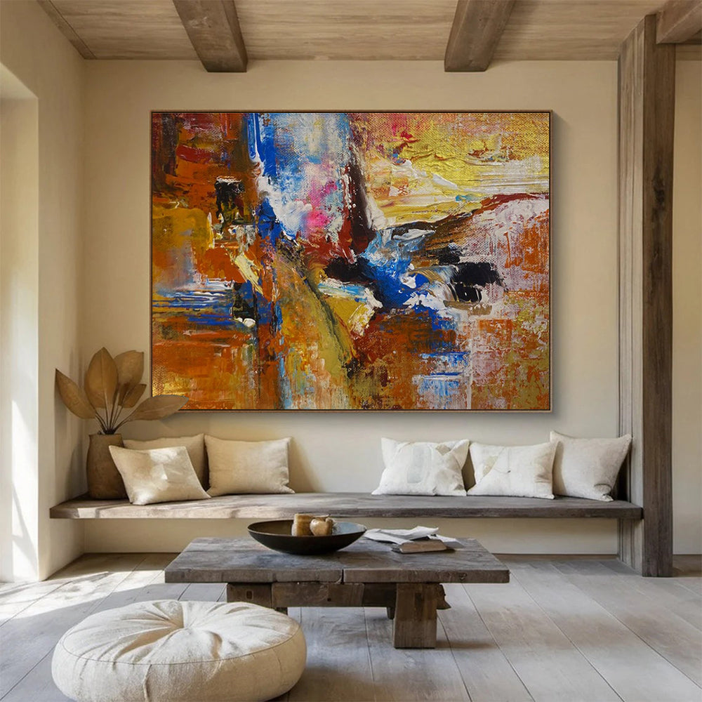Orange Blue Gold Abstract Painting with Warm, Inviting Hues THY385