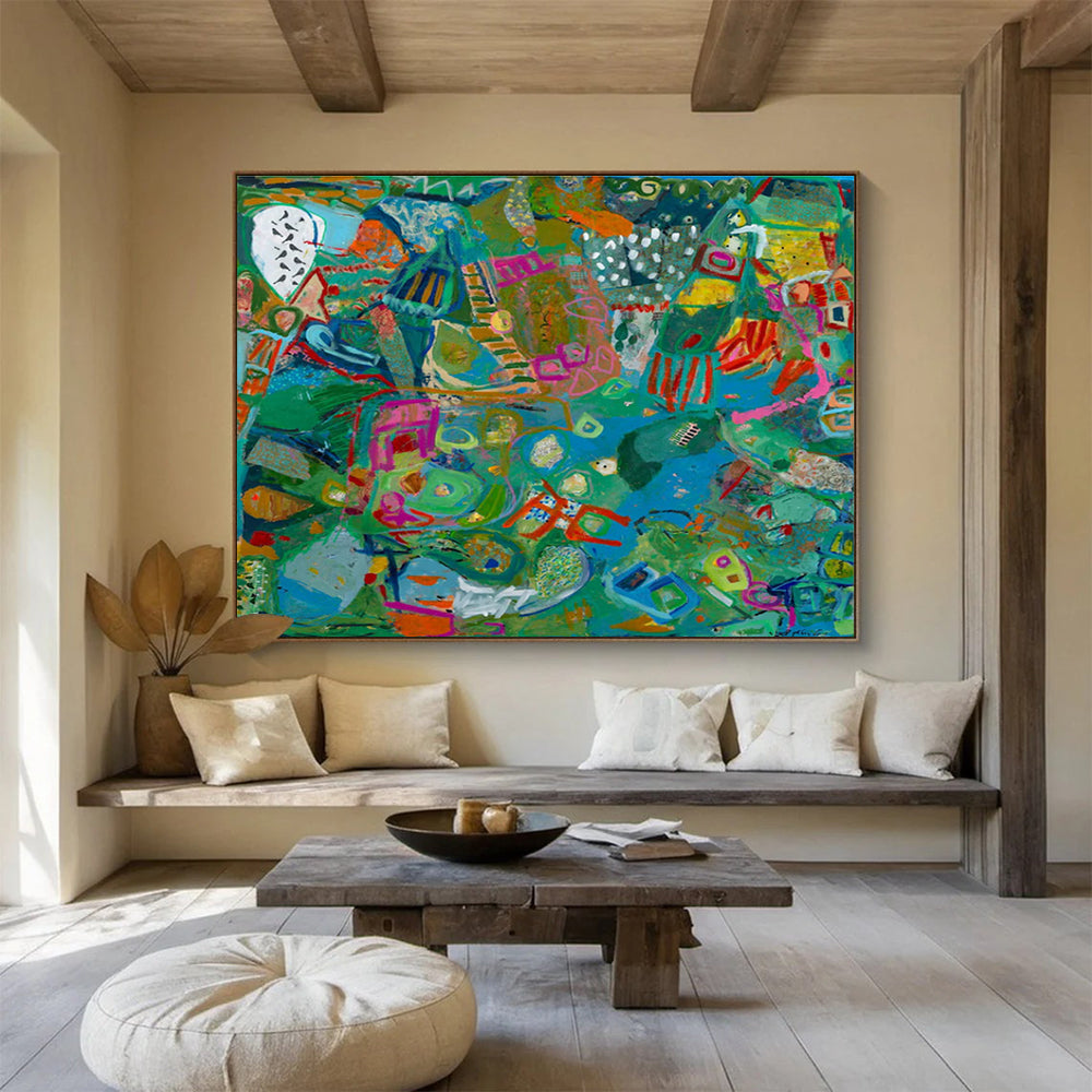 Vibrant Geometric Abstract Painting with Green, Blue, and Pink Tones THY235