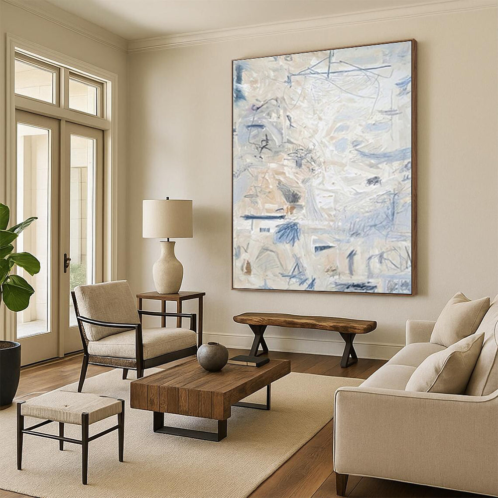 Light Beige and Blue Abstract Painting with Delicate Marks ADGE144