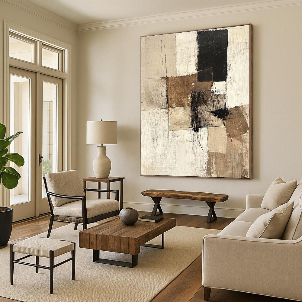 Beige Black Minimalist Abstract Painting with Subtle Lines GER774