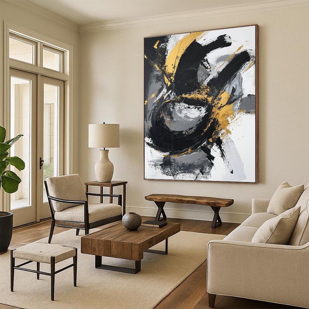 Gold Swirl Abstract with Black White and Gray Motions GER367