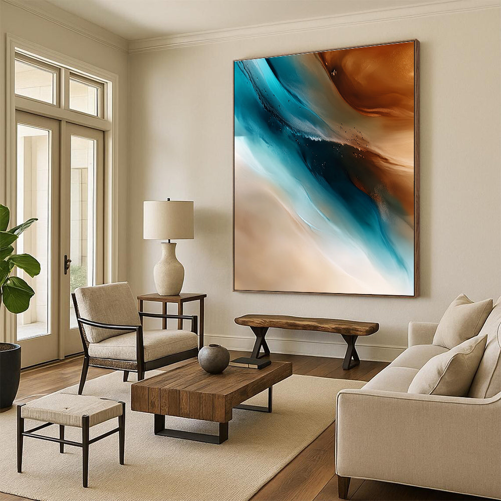 Blue and Brown Abstract Painting with Fluid Motions GER455
