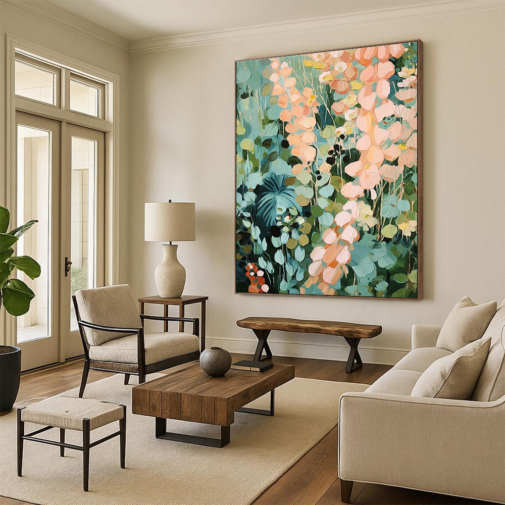 Dreamy Floral Abstract Painting with Light Blue and Peach Tones ADGE428