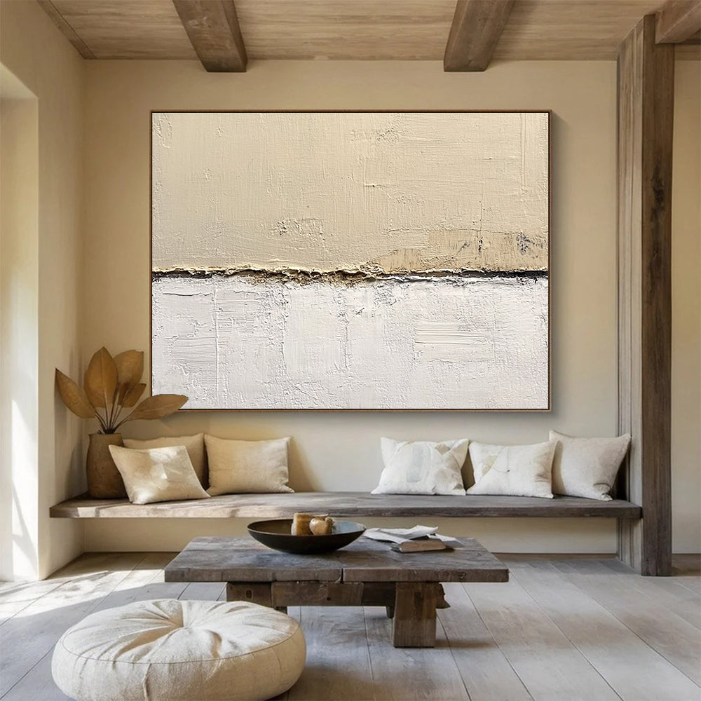 Abstract painting on textured beige wall features neutral tones in a minimalist style executed in oil on canvas with a harmonious color palette.SC181