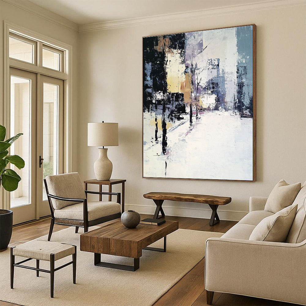 Large Abstract Oil Painting of a Winter Cityscape in Muted Whites and Greys with Beige and Black Accents, Perfect for Modern Decor.STSC159