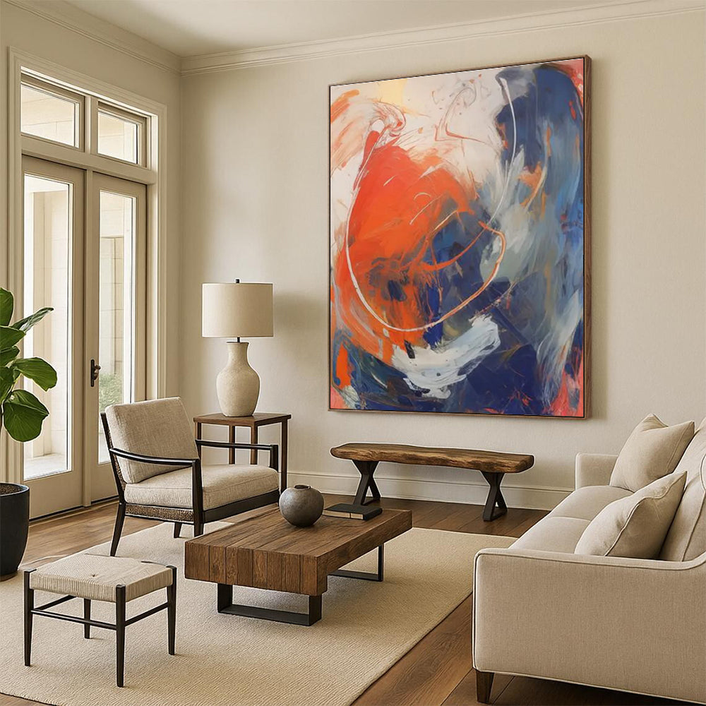 Dynamic Color Swirl Abstract Painting with Orange, Blue, and White ADGE133
