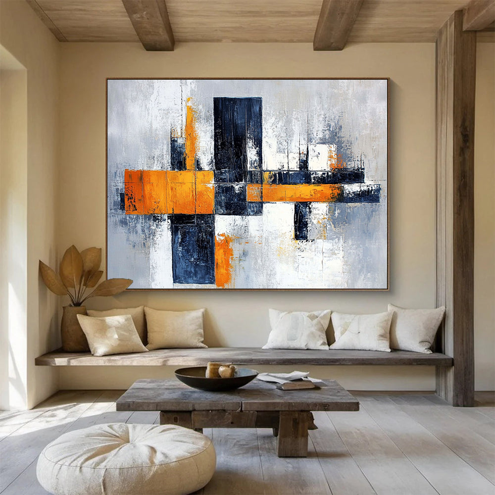 Gray Orange and Black Geometric Abstract Painting with Dynamic Composition DYP259
