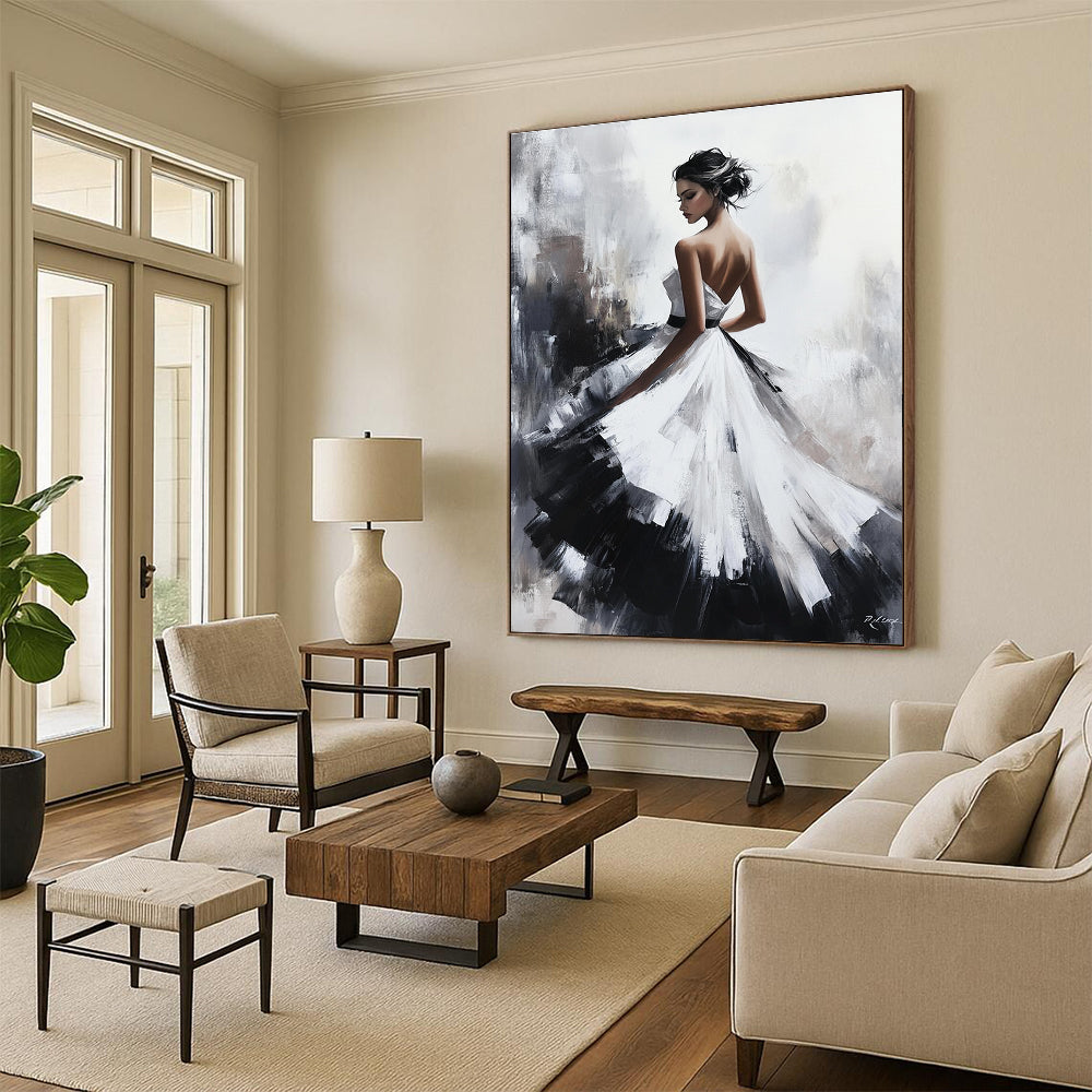 Large abstract oil painting of a beautiful woman in a white dress with a black skirt featuring exquisite details and soft lighting on a textured canvas.STSC1363