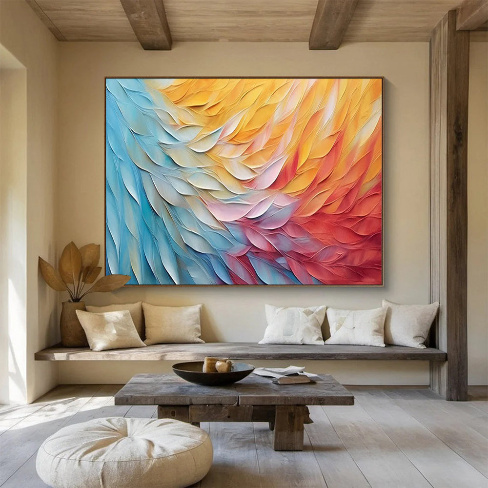 Colorful Feather Abstract Painting with Blue, Yellow, and Red Hues THY201