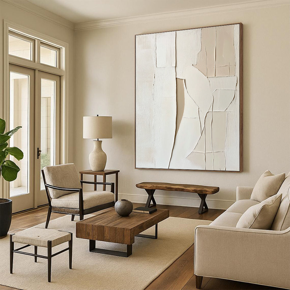 Large abstract painting featuring a woman's body with soft lines simple shapes and thick impasto texture in white and beige tones.STSC1467