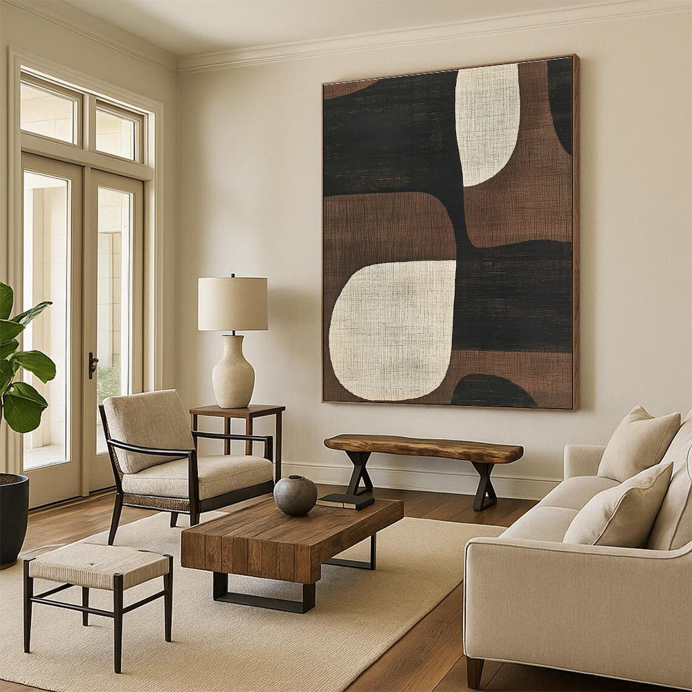 Abstract artwork featuring mid-century modern designs with simple shapes in neutral tones of black brown beige and white enhancing any space.STSC1320