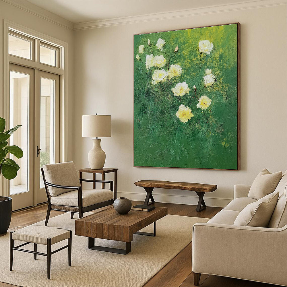 Large abstract painting of white roses on green background featuring bold brush strokes in impressionist style with green and yellow hues.STSC1152