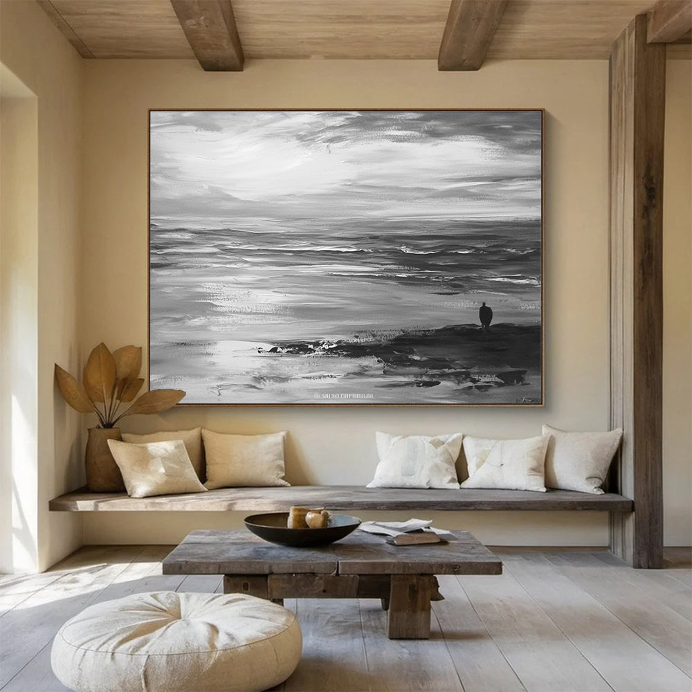 Large abstract painting of the ocean horizon and sky in gray tones with visible brush strokes on canvas.SC015