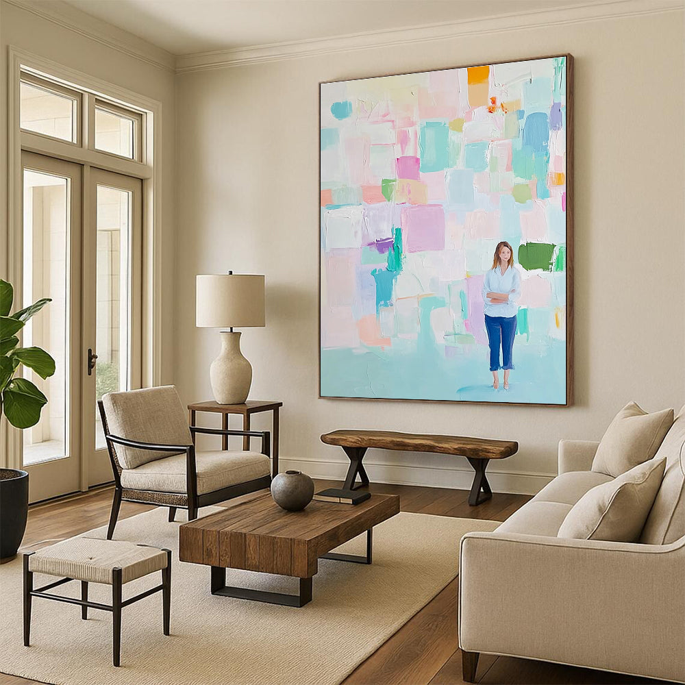 Large abstract painting featuring soft pastel colors and thick brush strokes in pink blue green and mint with an airy background.STSC447