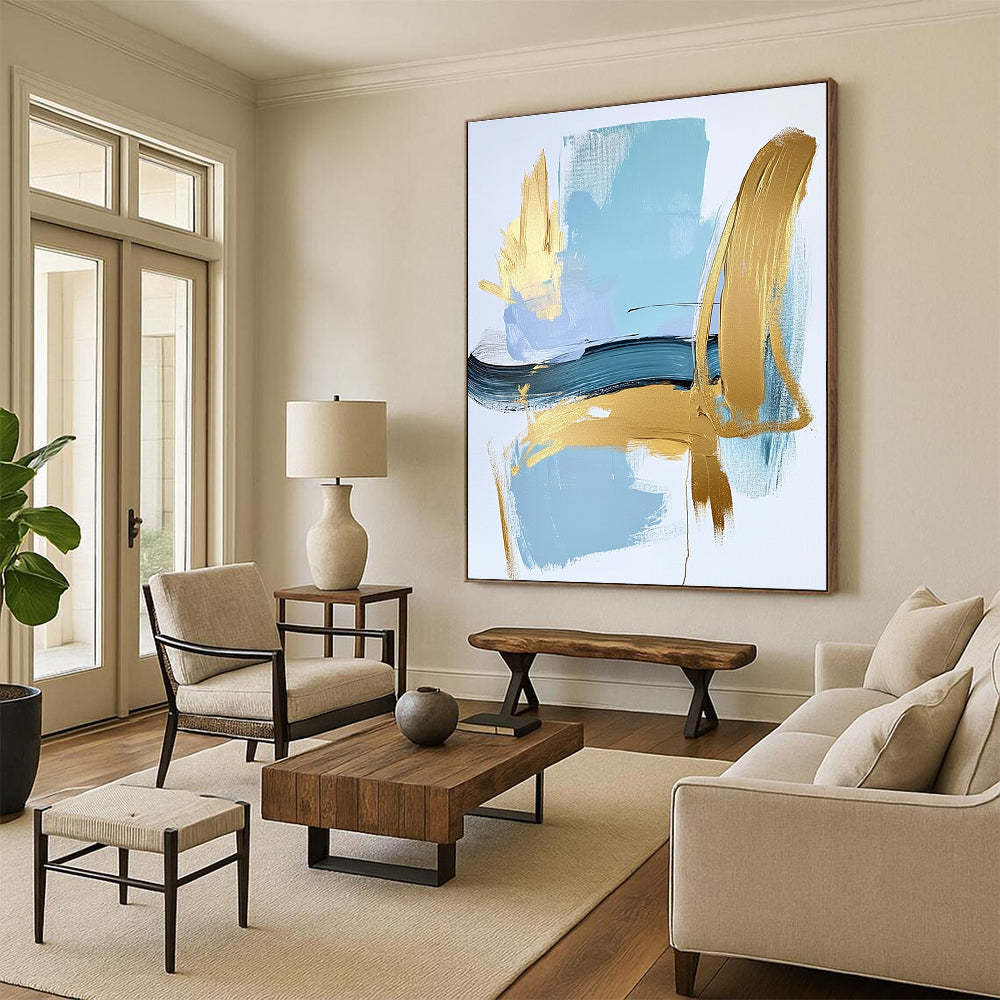 Blue and Gold Minimalist Abstract Painting with Bold Strokes GER582