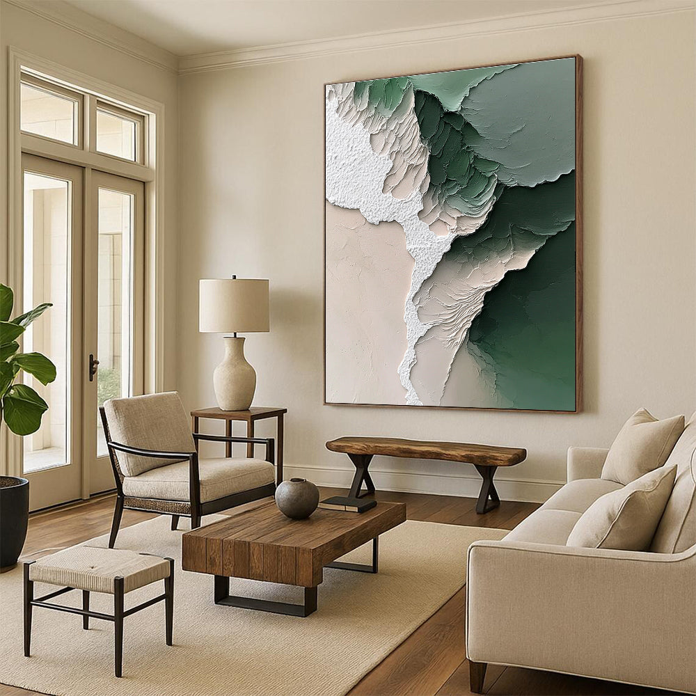 Large Abstract Painting Featuring a White Beach and Green Water with Impressionistic Brushstrokes and Dreamy Colors Capturing Nature's Beauty.STSC1246
