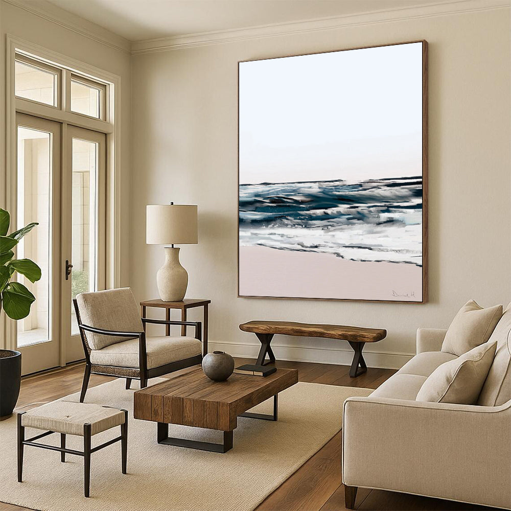 Abstract Coastal Scene with Soft Tones and Fluid Brushstrokes Painting ADGE208