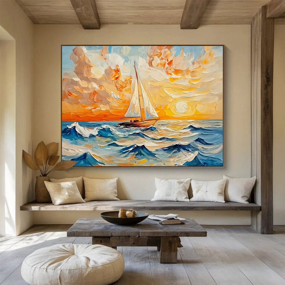 Sailboat Sunset Sea - Textured Seascape Abstract Painting DYP011