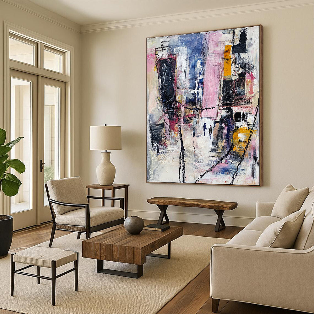 Large abstract painting featuring an urban landscape with mixed media elements in pastel colors and dynamic textures of fabric and metal.STSC666
