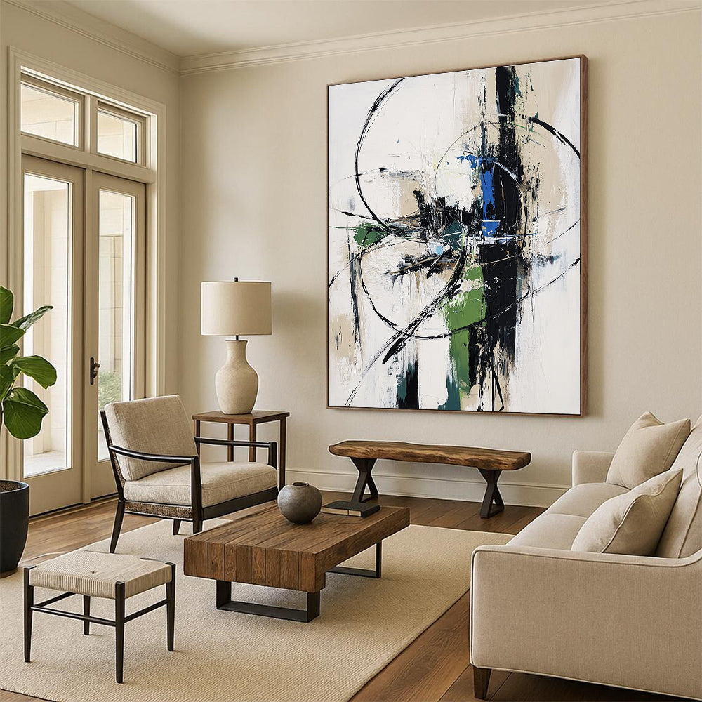 Large abstract painting in white gray and blue tones with a futuristic machine in an urban landscape conveying movement and speed.STSC827