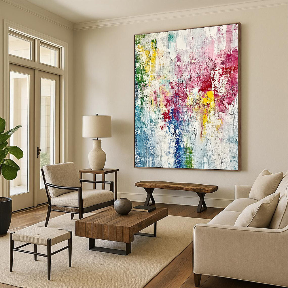 Large abstract painting on textured canvas with vibrant spring colors and thick brush strokes creating an impressionistic feel of growth and vitality.STSC721