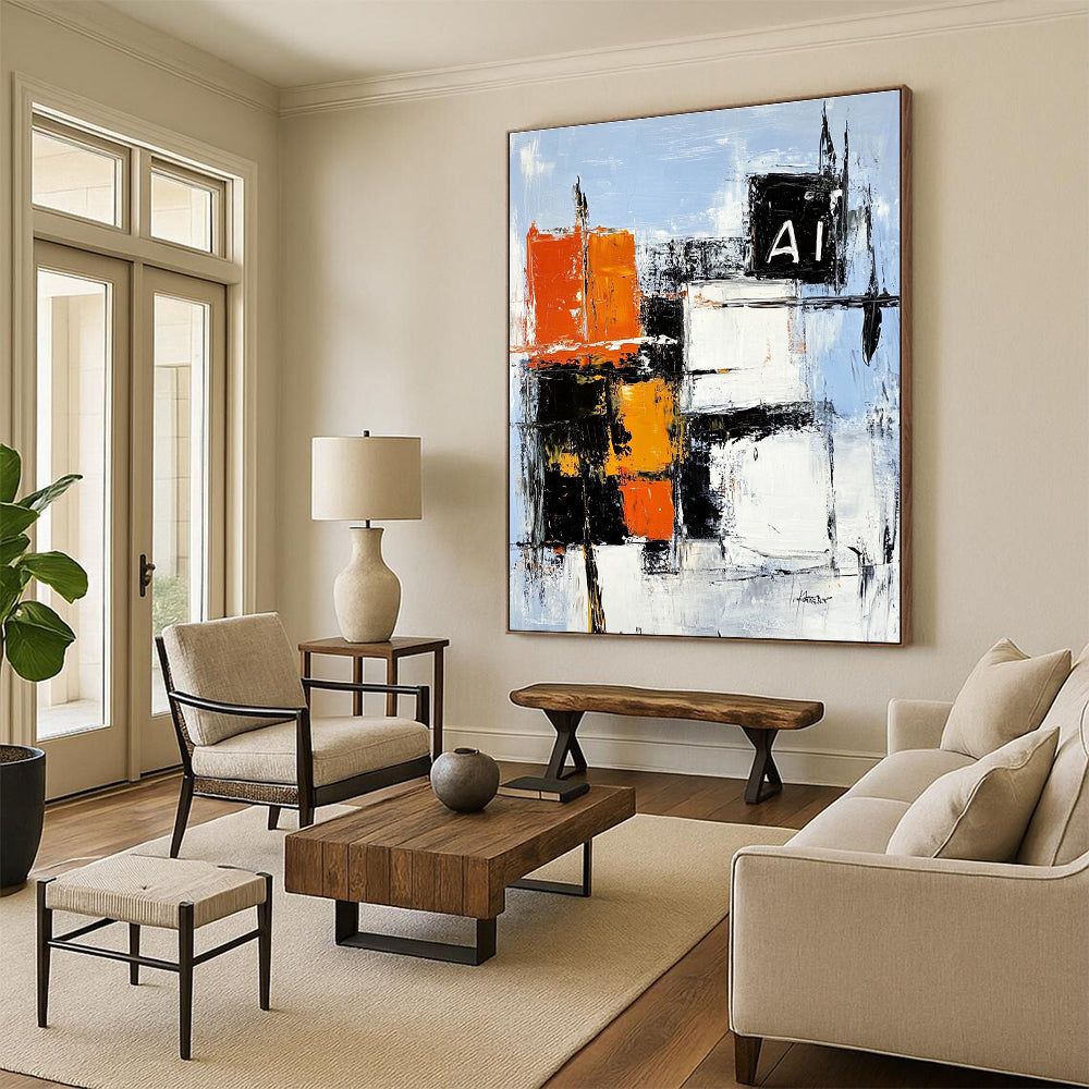 Large abstract painting featuring bold black white and orange building shapes on light blue canvas with dynamic brush strokes and textured layers.STSC742