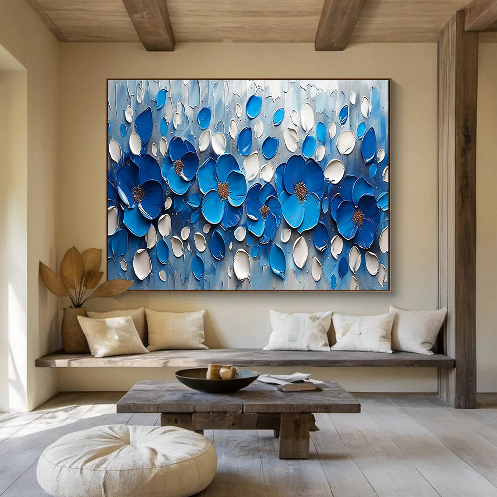 Blue Flower Relief Abstract Painting with Blue, White, and Brown Tones THY173