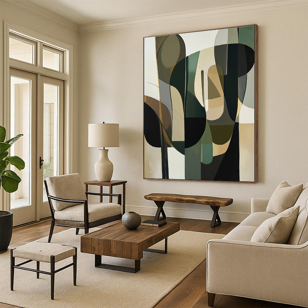 Large abstract painting featuring organic shapes in green beige and white with hints of navy blue and mustard yellow, evoking depth and human-like forms.STSC794